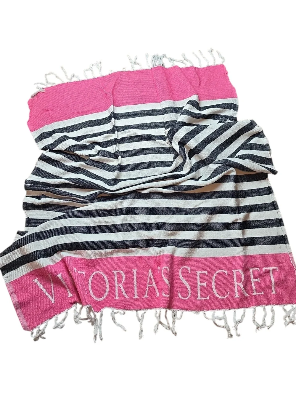 VICTORIA'S SECRET | Pink Black Stripe Terry Beach Towel Blanket Fringe | 52x39